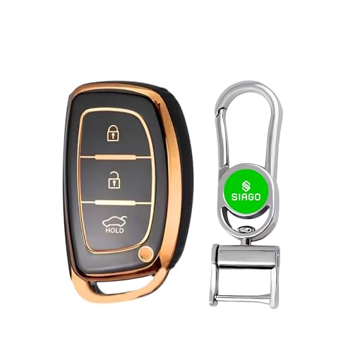 Image of SIAGO SIA348 TPU Key Cover and Metal Keychain Compatible for Hyundai Aura Elantra I.10 Grand Nios I.20 Elite Verna 4S Creta I.10 Grand I.20 Activa Tucson Xcent 3 Button Smart Key (Black Pack of 1)