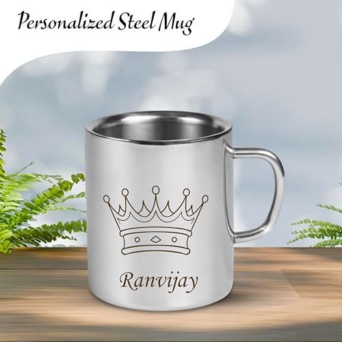 Image of SAVRI Personalized Stainless Steel Mug for Kids with Customized Name Engraved & Cartoon Design | 220 ml Double Wall Insulated Mug for School, Milk, Juice & Water (Queen Crown)