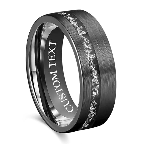 Custom Engraved Men's Wedding Ring Black Brushed Tungsten Meteorite Inlay, Personalized Wooden Ring Box - 8mm Comfort Fit