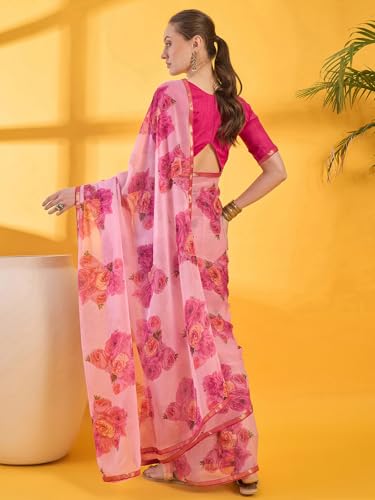 Image of SIRIL Women's Printed Chiffon Saree with Unstitched Blouse Piece