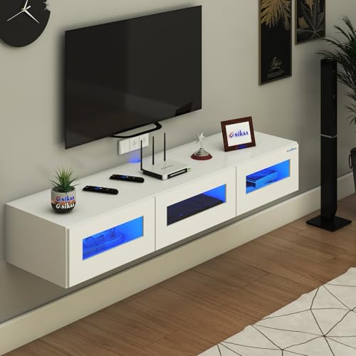 Image of Anikaa Rayza Wall Mount Modern Floating TV Unit for Living Room | 3 Closed Storage cabinets with hinged Door - 3 Blue LED Light | Ideal for UP to 65 Inch TV (White Finish - DIY Installation)