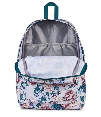 Image of JanSport SuperBreak Plus Backpack with Padded 15-inch Laptop Sleeve and Integrated Bottle Pocket - Spacious and Durable Daypack for Work and Travel, Rustic Roses Moon Flower /Blu /Pnk /Grn