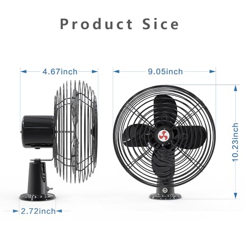 All-Metal Black 8" 12V Truck Fan with 2 Speed, Cigarette Lighter Plug Fan,Used for Truck Ca(Cord Length 6FT)