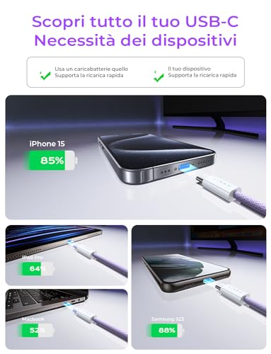 LISEN USB C Cable, 5-Pack [3.3/3.3/6.6/6.6/10FT] USBC to USBC Cable for iPhone 16e 15 Pro Max Charger Cord, 60W (3.1A) C to C Cable Fast Charging for Samsung S25/S24/23, Switch 2, iPad, MacBook,Purple - Thumbnail 3