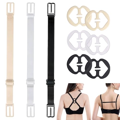 9 Pcs Detachable Bra Strap Clips Soft and Comfortable Elastic Racer Back Bra Strap Clip Non-Slip Adjustable Bra Strap Converter Fits All Cup Sizes and All Bras Racer Back Tank Tops(Black+White+Nude)