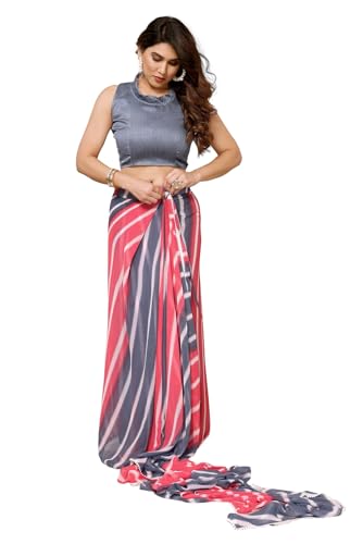 Image of ROOP SUNDARI SAREES Readymade Pleated Pre Drape Stitched Floral Printed Georgette Saree For Women's With Lace Border & Blouse(Ready To Wear One Minute)