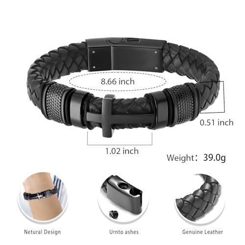 Pulsera cruz cuero cremación acero inoxidable miniatura 2