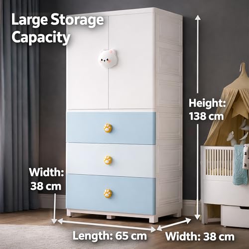Image of AYSIS Kids Plastic Collapsible Wardrobe Organizer for Storage with Drawers | Cute Cartoon Design | Heavy Duty Cloth Organizer for Storage | Easy to Assemble | Perfect for Kids Room & Home | Bear