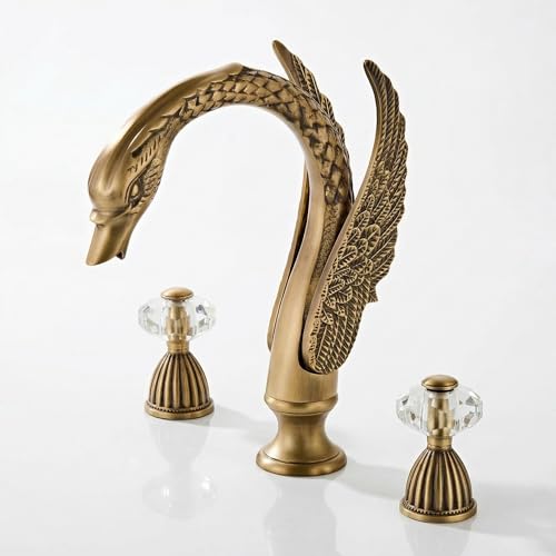 Swan Crystal Gold 3 Hole Vanity Brass 2 Handles 8 inch Cool Copper Widespread Unique Bathroom Sink Faucets Ornate Restroom Taps Fixtures 3 Pieces Bird Style Faucets (3 Hole Retro)