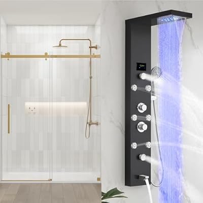 DELAVIN 56-60.in W x 72.in H Frameless Shower Door, Water Repellent Black Shower Door with 5/16" (8mm) Clear Tempered GlassStainless Steel + DELAVIN LED Shower Panel Stainless Steel Shower Tower