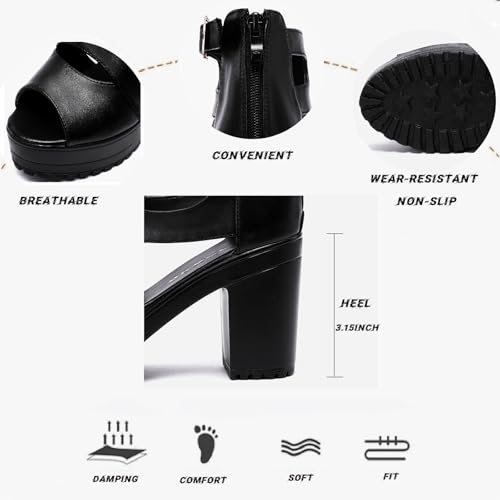 Women'S Hollow Out High Top Chunky Heel Roman Sandals Summer Breathable Fish Mouth Pointed Toe Adjustable Ankle Strap Anti-Slip Platform High Heels Sandals (Black-3.15inch,11)3