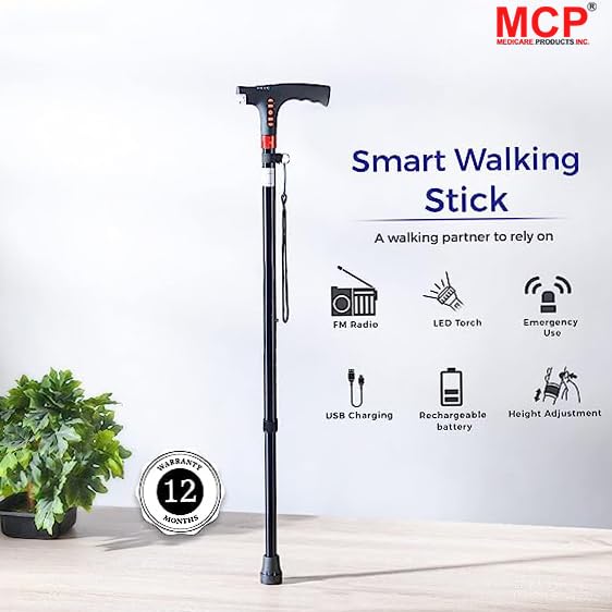 Image of MCP Healthcare Smart Rechargeable Aid Height Adjustable Hand Stick Come with Radio, Alarm, LED Bulb Light, Low Battery Indicator.