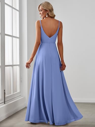 Image of Ever-Pretty Women's Summer Backless Spaghetti Straps Bridesmaid Dresses Chiffon V-Neck Slit Long Formal Wedding Guest Dress