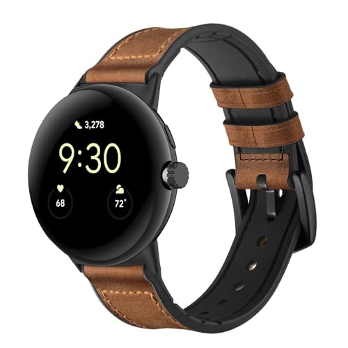 Apawband Compatible with Google Pixel Watch/Pixel Watch 2 41mm (2022/2023), Sweatproof Genuine Leather and Rubber Hybrid Band Strap (Brown/Black)