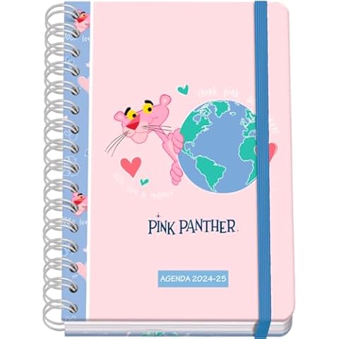 Dohe - School Diary 2024 2025 – Week View, Size A5 (15 x 21 cm), Ring Closure and Rubber, Spanish and English, 4 Sticker Pages, September to June, School Supplies – Pink Panther ecoPink Cover