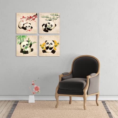 Chinese Style Panda Canvas Wall Art Print Funny Cute Animal Pictures Artwork 4 Panel Panda Playing With Flower Paintings For Kitchen Living Room Bedroom 12"X12" #TOP2