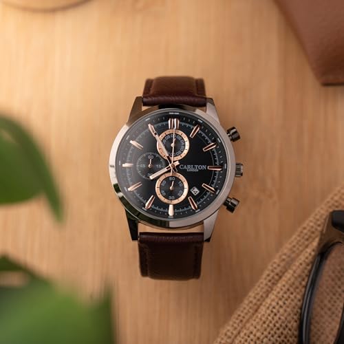 Image of Carlton London Windsor Men Analog Watch, Round Dial, Leather Strap, Quartz Movement, 43 mm Case, Slim Design, Lightweight Comfort, 30M Water Resistant, Casual Formal Wear