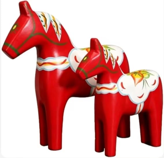 diariene. Set of 2 Swedish Wooden Dala Horses Figurine Dalecarlian Horse Ornament Color Painting Classical Handicraft Christmas Ornaments Set