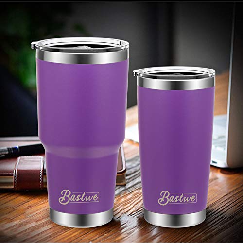 20oz and 30oz Stainless Steel Tumblers with Straws, Bastwe Double Wall Vacuum Insulated Travel Mug, Coffee Cup for Home, Office, School, Works Great for Ice Drink, Hot Beverage (2 Pack, Purple)