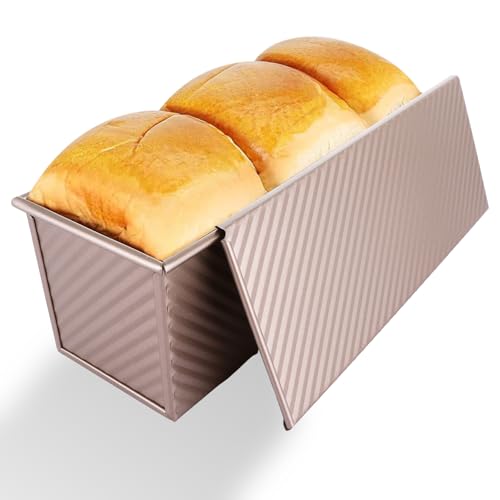AKOLAFE Loaf Tin 2lb(1000g) Large Bread Tin Non Stick Pullman Loaf Tin with Lid Gold Bread Tin Carbon Steel Loaf Pan Loaf Tins for Baking Bread, 32x12x11 CM