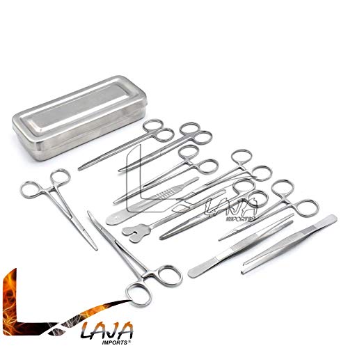 LAJA Imports Set of 13 Pieces Basic Surgi Forceps Scissors Needle Holder Kit Stainless Steel Box Instruments DS-1290