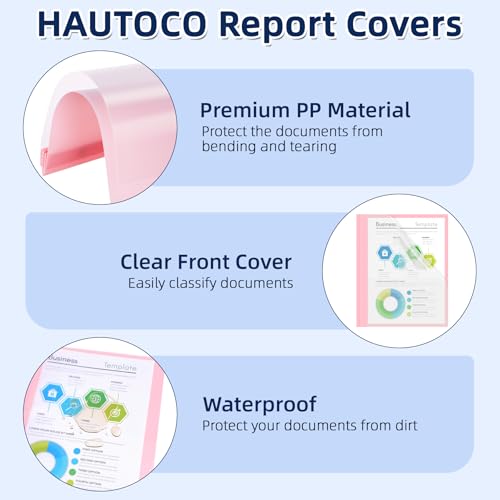 Image of HAUTOCO 5 Pack Plastic Report Covers with 3 Prongs Fasteners Clear Front Resume Portfolio Folder for 8.5x11 Letter Size Paper, Presentation Document Report Cover for School Office Business, 5 Colors