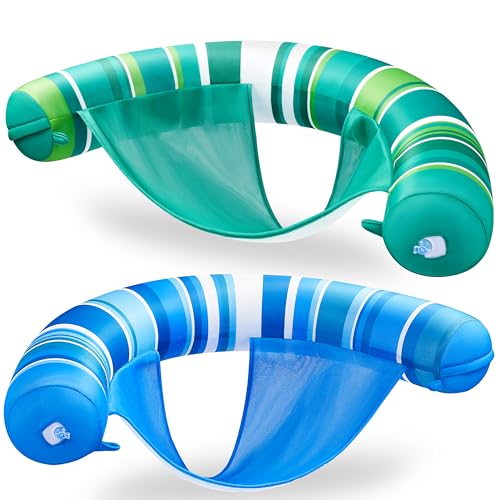 SLOOSH Inflatable Pool Floats Chairs Adults, 2 Packs Floating Noodle Chair with Stripes Design Soft Fabric Covered with Sling for Swimming Pool Water Party Summer Lake,Dark Blue Green