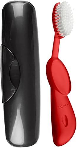 RADIUS Cepillo de dientes Original Big Brush, libre de BPA y aceptado por ADA, mano derecha, cepillo rojo y estuche negro