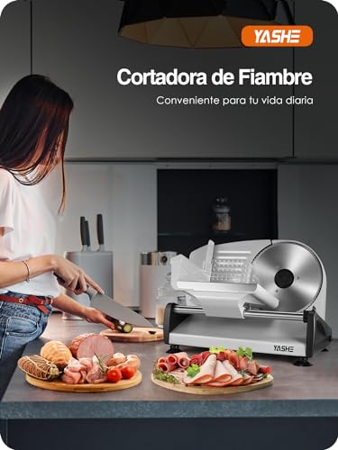 Miniatura 6 de Yashe Sl-518 Cortadora De Fiambre - Cortafiambres Eléctrico 250w Con Grosor Ajustable De 0 A 15mm, 2 Cuchillas De Acero Inoxidable Removibles De 19cm, Bloqueo De Seguridad Y Pies De Succión