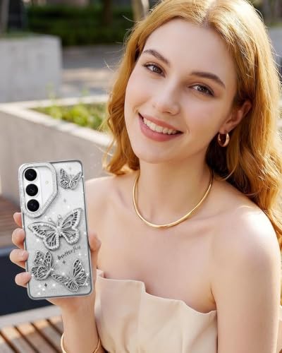 Image of Elzzi Electroplated Butterfly Phone Cover for Samsung S26 Case, Showcasing Pearlescent Diamond Soft TPU, Camera Protection, Shockproof, Dropresistant Stylish for Girls & Women (Grey)
