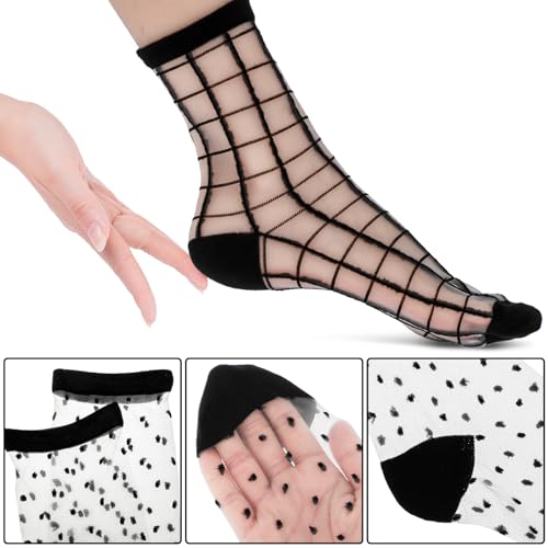 Lusofie 5Pairs Sheer Ankle Socks Black See Through Socks Striped Plaid Dot Cute Transparent Socks for Women Girls3