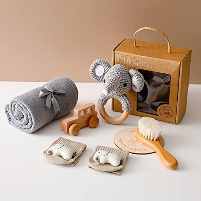 New Born Baby Gift, Baby Boys Girls Shower Gifts with Wooden Elephant Rattles, 6PCs New Born Essentials Bath Set with Baby Brush,Blanket,Milestones Cards