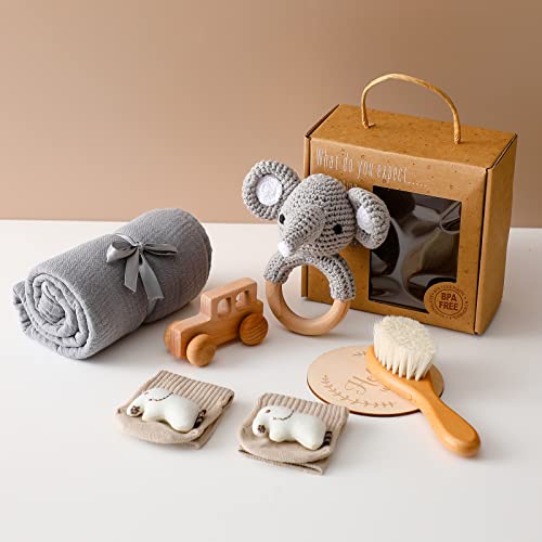 New Born Baby Gift Basket, Baby Boys Girls Shower Gifts with Wooden Elephant Rattles, 6PCs New Born Essentials Bath Set with Baby Brush,Blanket,Milestones Cards