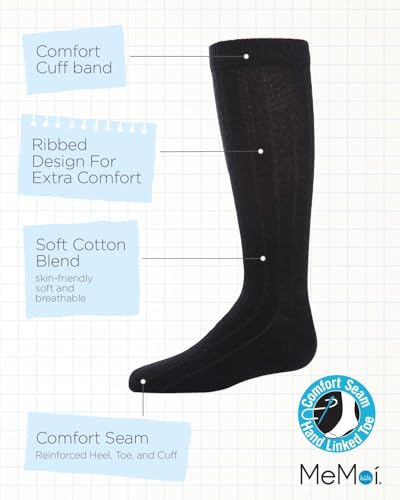 MeMoi 3 Pack Ribbed Boys Crew Socks, Cotton Blend Boys Dress Socks, Comfortable Crew Height Design - Sizes 6-143