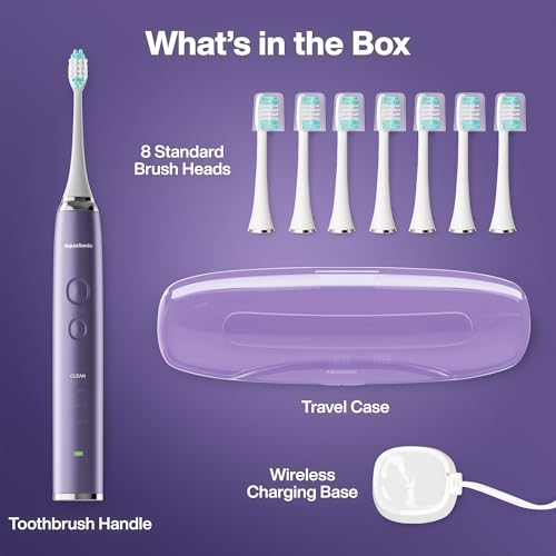 Image of Aquasonic Adult Vibe Series Ultra-Whitening Toothbrush A- Ada Accepted Electric Toothbrush-8 Brush Heads & Travel Case A- 40,000 Vpm Motor & Wireless Charging-4 Modes W Smart Timer A- Satin Violet