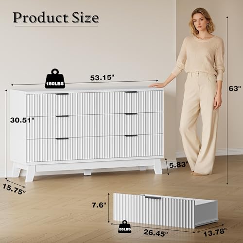Image of BORNOON 53 inch Long Dresser for Bedroom, 6-Drawer Dresser with Fluted Fronts, Wide Wood Chest of Drawers, Smooth Metal Slides, Stable Base, Modern Clothes Storage Cabinet for Living Room, Hallway