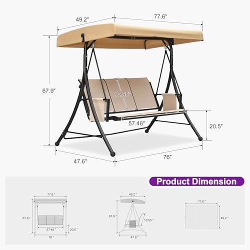 Image of PURPLE LEAF Porch Swing with Adjustable Tilt Canopy 3-Seat Patio Swing with Stand and Metal Steel Frame All-Weather Outdoor Swing Chair Seat for Backyard Garden Deck Balcony (Cream)