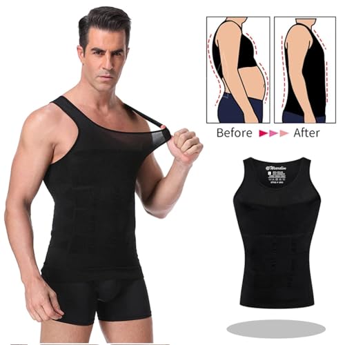 Image of Wearslim Men Compression Shirt For Workout Vest Abs Abdomen Slim Body Shaper Undershirt Slimming Shirt to Hide Gynecomastia Stretchable Tummy Tucker Vest - Pack of 2 - (Black & White)
