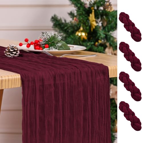 Paquet de 4 chemins de Table Bordeaux 45 x 275 cm Chemin de Table en étamine chemins de Table en Gaze Boho chemins de Table rustiques en Tissu Transparent pour Table à Manger de fête de Mariage