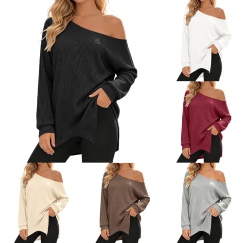 Off The Shoulder Tops For Women Oversized Long Sleeve Ribbed Knit Pullover - image 1