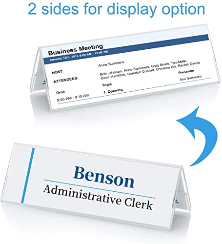 Image of Shuban Clear Acrylic Desk Name Plate Holder - 20 Pack 2-Sided 08 Inch x 02 Inch V-Shaped Display Stand for Name Plates, Table Place Cards, Signs & Labels - Reusable for Office, Business, Weddings, Restaurants & Schools