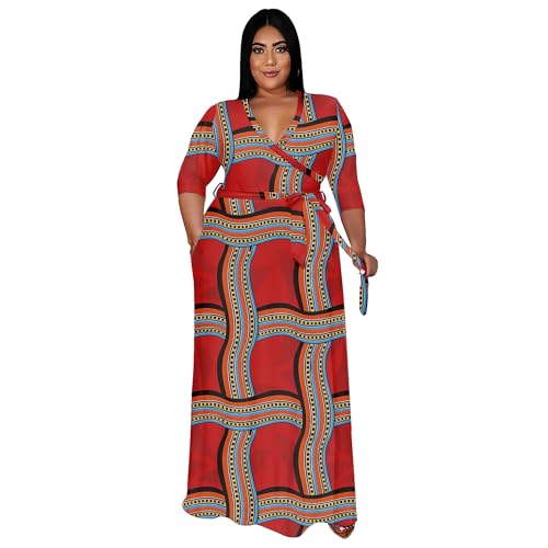 Image of Nmoder Plus Size Maxi Dress for Women - Summer Casual 3 /4 Sleeve Floral Flowy Long Dress with Belt XL- 6XL