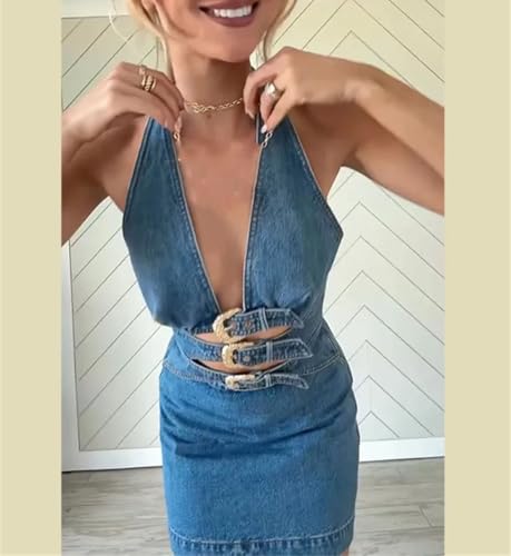 Women Deep V Neck Backless Denim Mini Dress with Buckle Detail Sleeveless Trendy Summer Streetwear Dress3