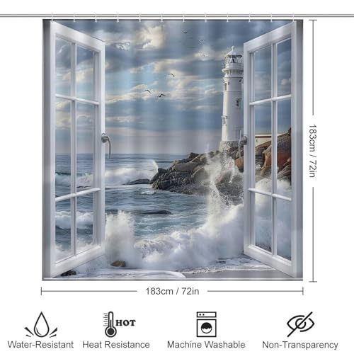 TOWINSFB 4Pcs Coastal Window Lighthouse Shower Curtain Sets Bathroom Decor, Ocean Wave Seaside Scenery Shower Curtain with Non Slip Rug, Toilet Lid Cover, Bath Mat and 12 Hooks 72W x 72L - Image 2