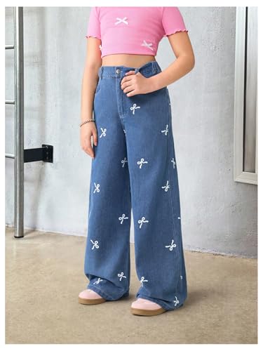 WDIRARA Girl's Bow Print Baggy Jeans Cute High Waisted Wide Leg Denim Pants3