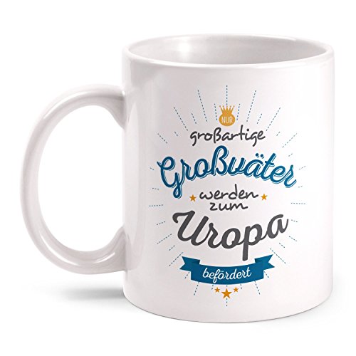 Fashionalarm Tasse avec inscription en allemand « Grandpäter werden zum Uropa beförder » - Motif : inscription en allemand - Idée cadeau d'anniversaire - Naissance - Couleur : blanc