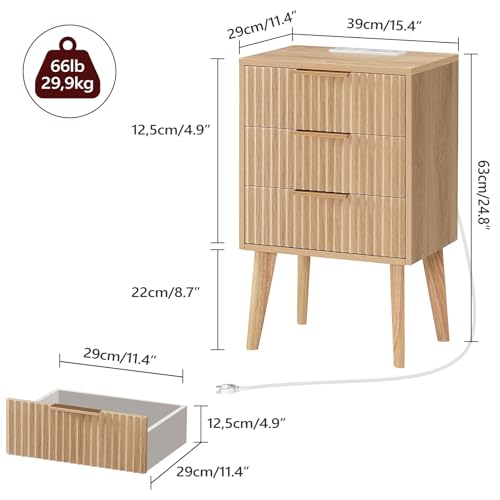 MAHANCRIS Fluted Nightstand with Charging Station, Modern Bedside Table with 3 Storage Drawers, Night Stand, End Table Side Table for Small Spaces, Bedroom, Office, Natural ETNA64E01 by MAHANCRIS - Image 4