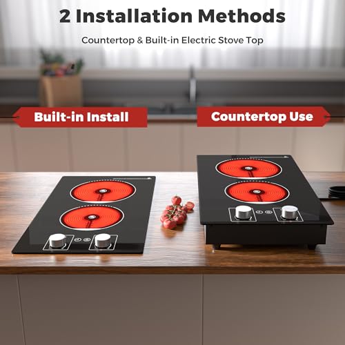 Image of ADVWIN 2 Burner Electric Cooktop,110v Electric Cooktop 1800W with Knob Control,12 Inch Countertop & Built-in with Child Safety Lock, Timer, 9 Power Levels and Over-Temperature Protection