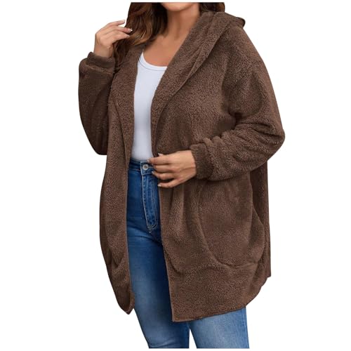 Image of Women's Sherpa Fuzzy Jacket Hoodie Open Front Fleece Hooded Jackets Cardigan Warm Outerwear Fall Coat with Pockets