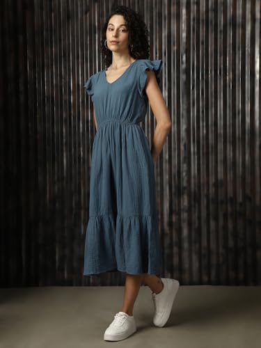Image of High Star Women Cotton Solid Regular fit V-Neck Sleeveless Dresses